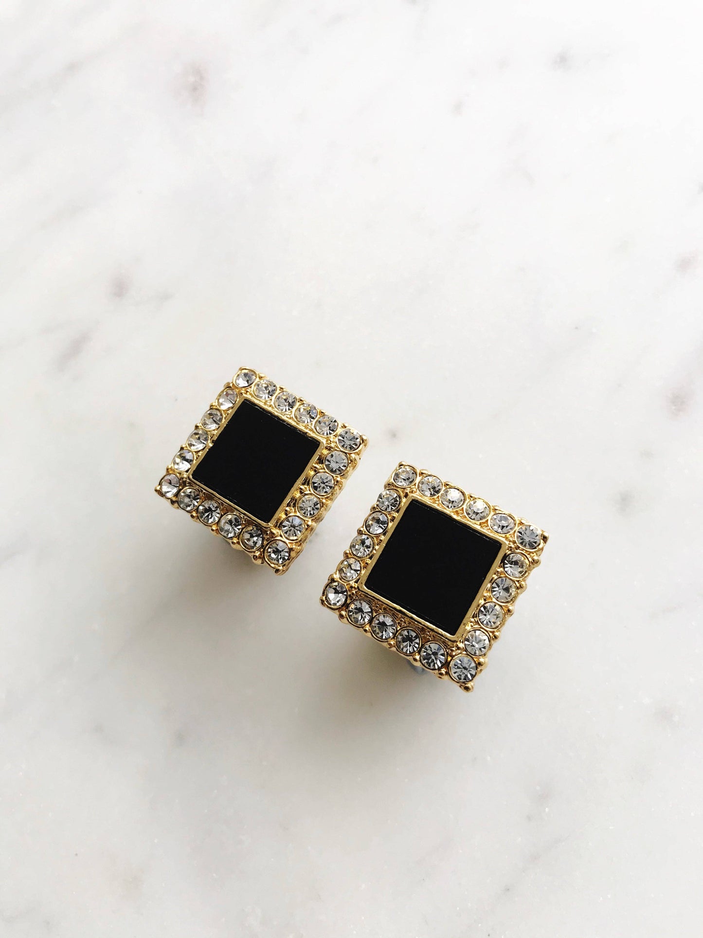 Black Enamel & Crystal Square Earrings