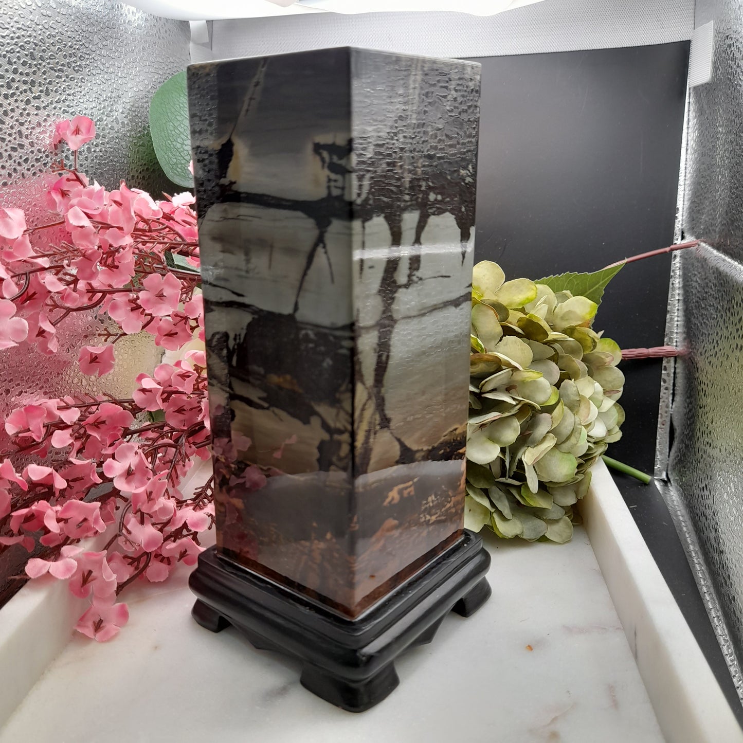 Limestone Rectangle tower on wooden base