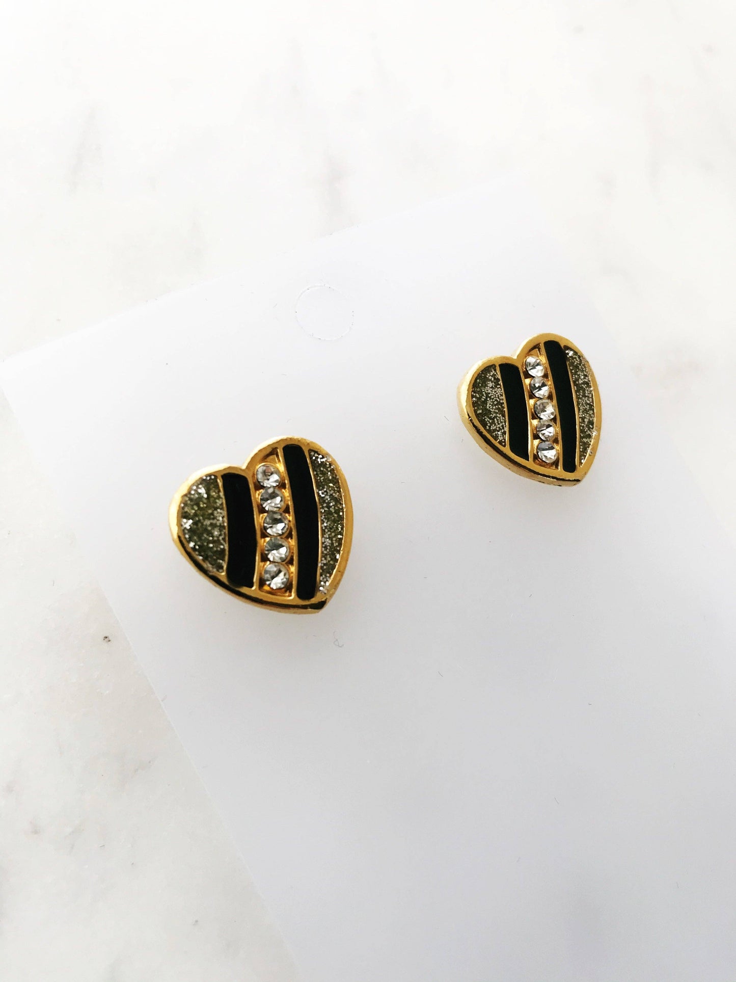 Black and Gold Enamel Crystal Heart Earrings