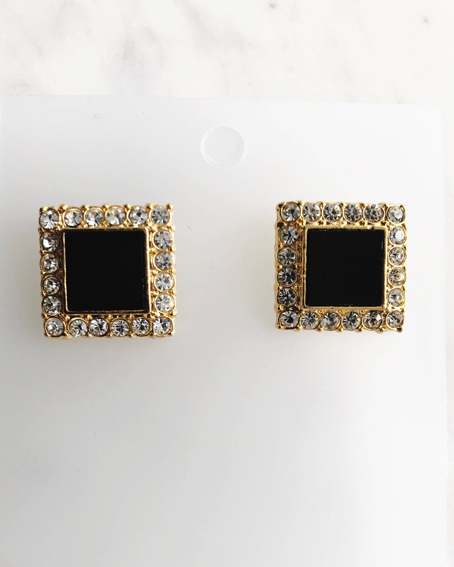 Black Enamel & Crystal Square Earrings