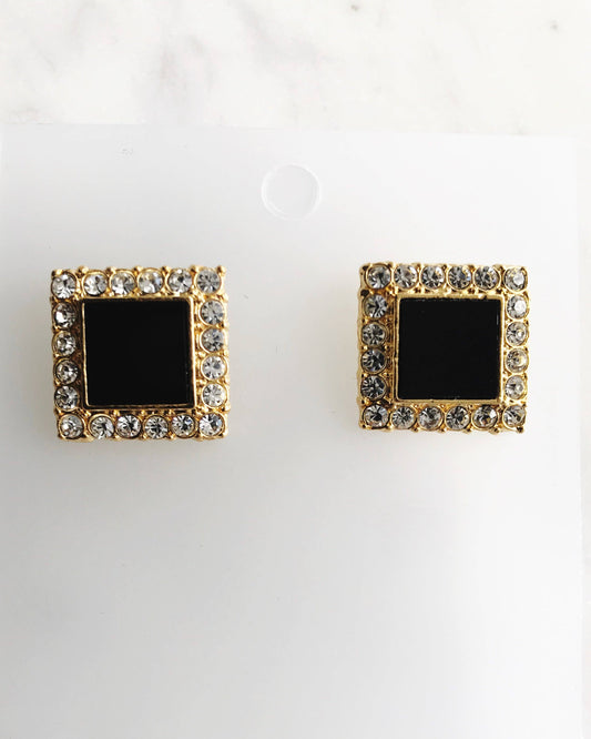 Black Enamel & Crystal Square Earrings