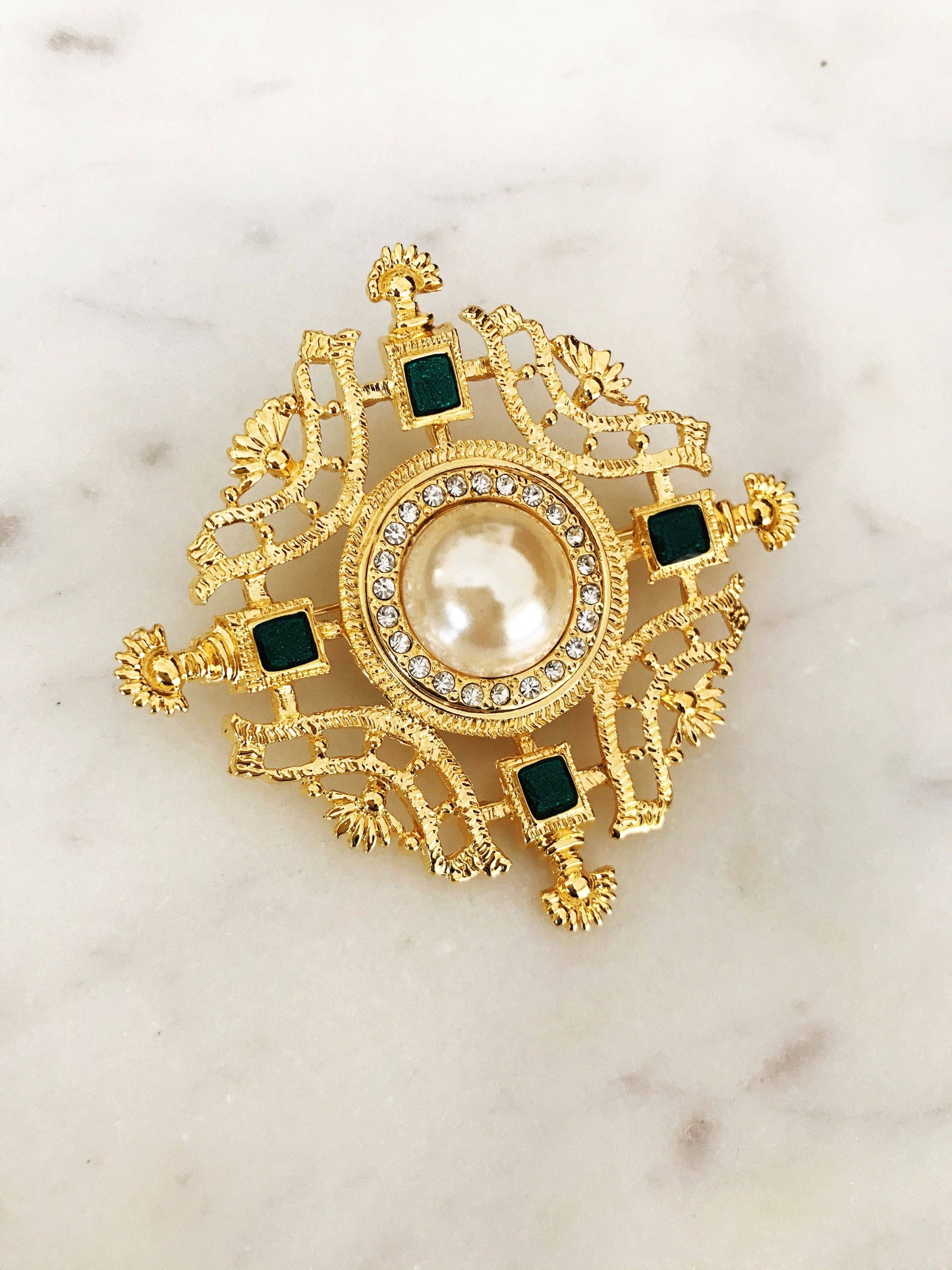 Vintage Crystal, Pearl & Enamel Brooch