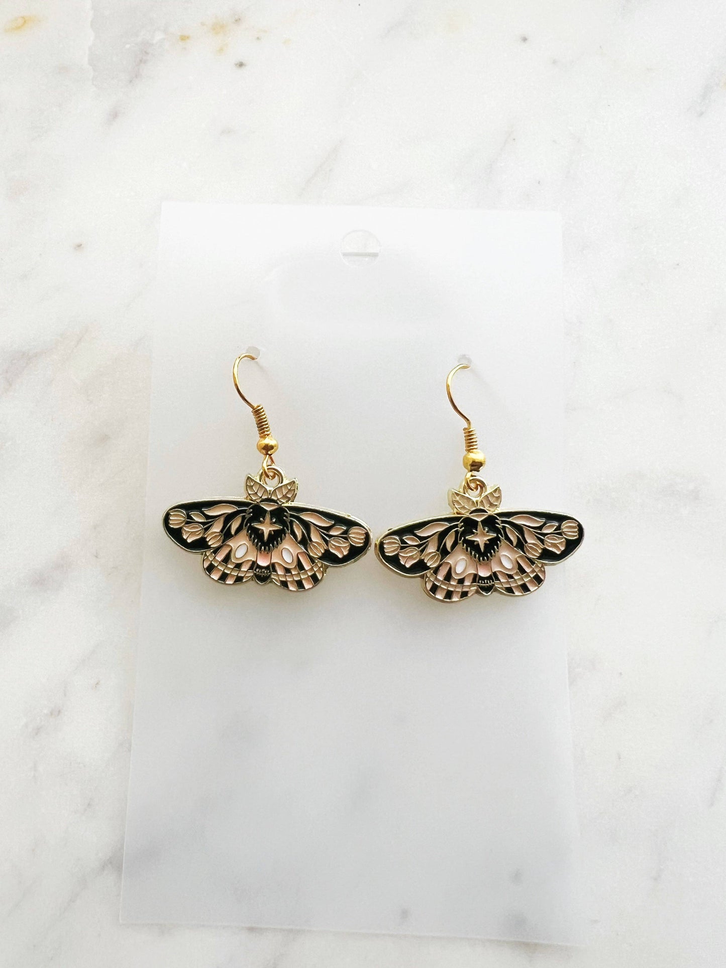 Kawaii Enamel Black & Pink Moth Dangle Earrings
