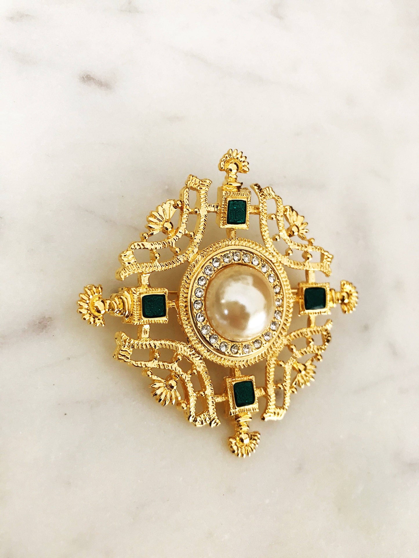 Vintage Crystal, Pearl & Enamel Brooch
