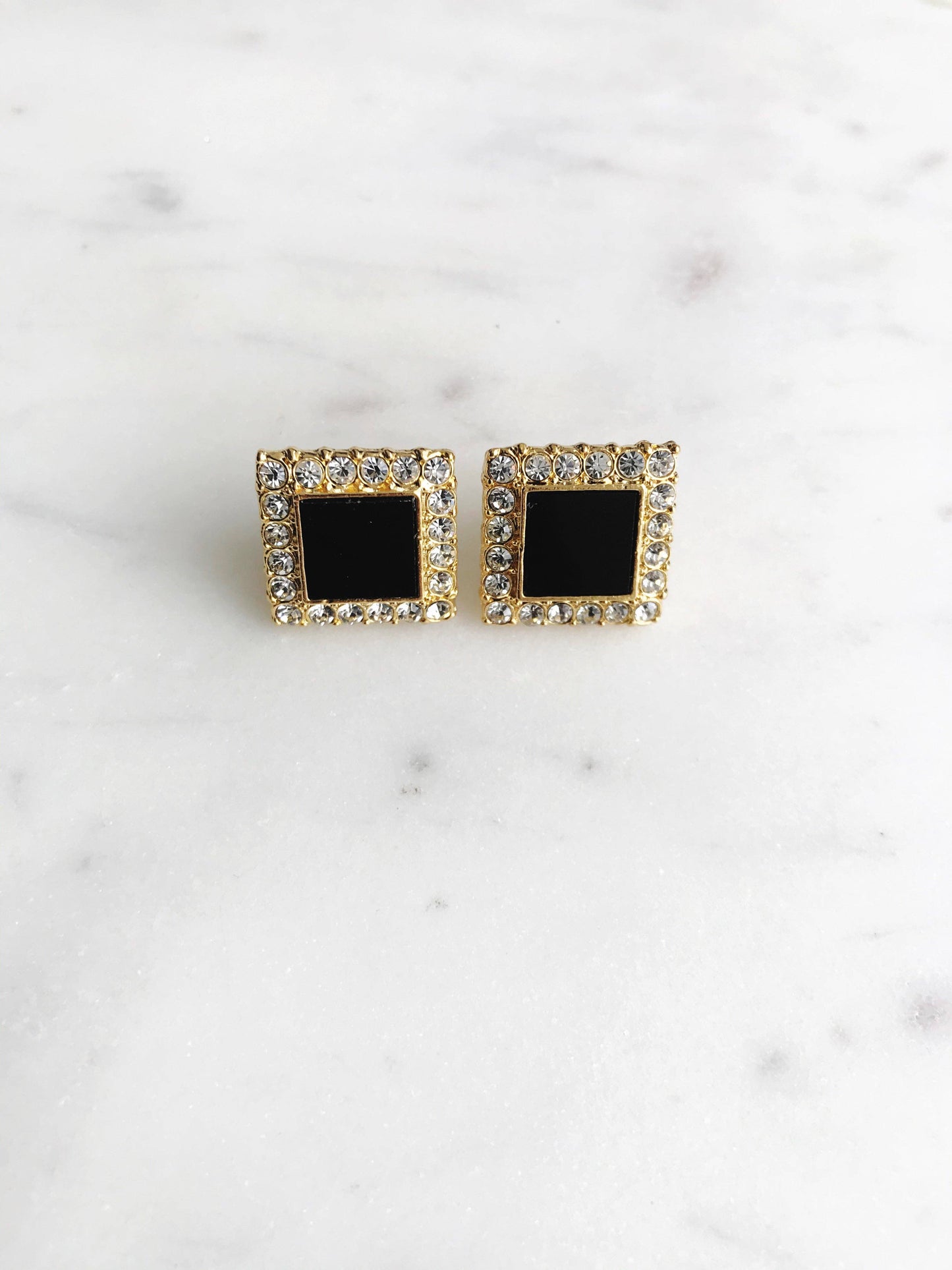 Black Enamel & Crystal Square Earrings
