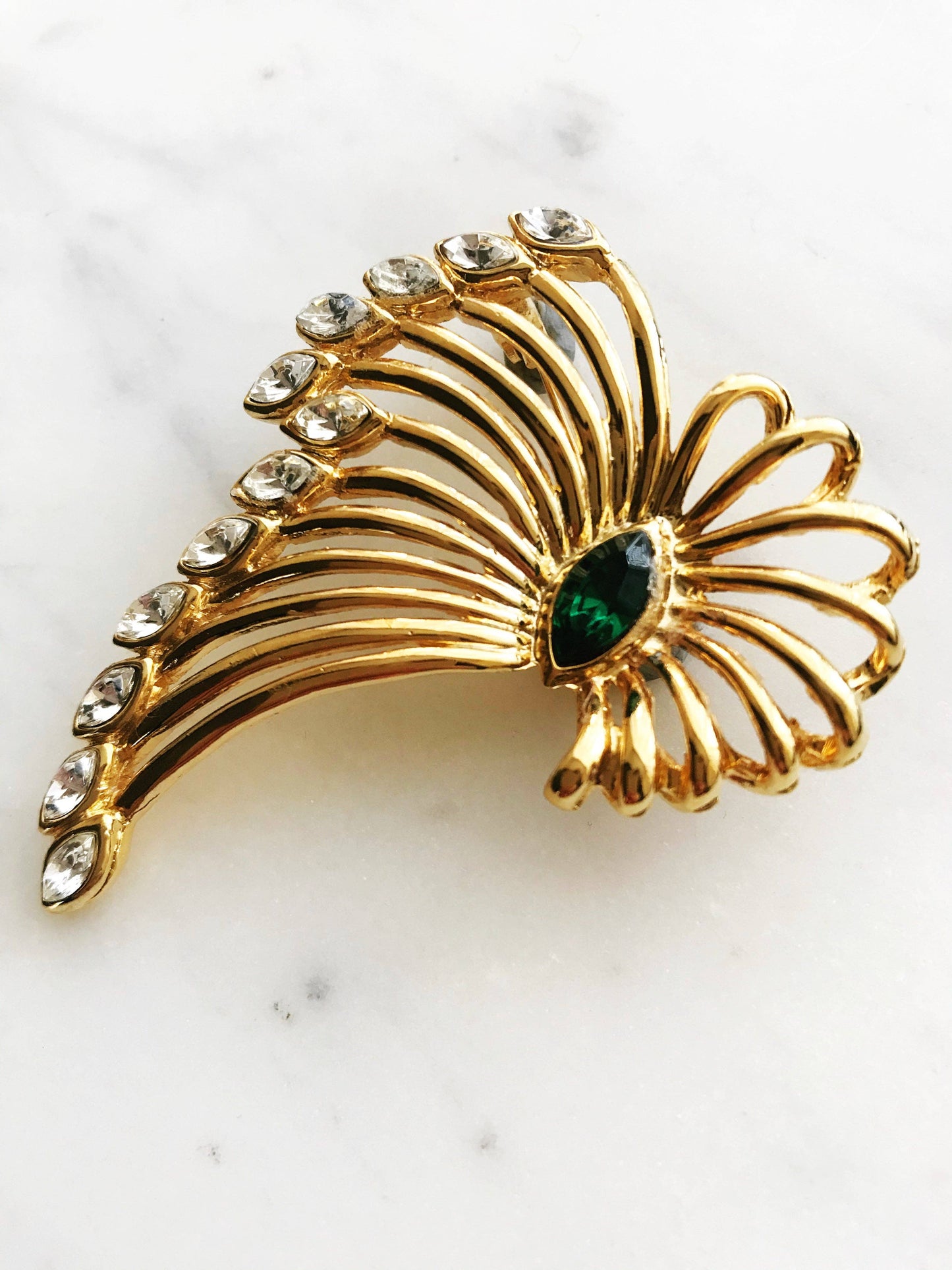 Vintage Gold-Plated Crystal Spray Brooch with Emerald Marquis Center