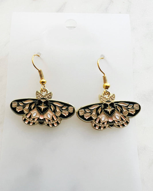 Kawaii Enamel Black & Pink Moth Dangle Earrings