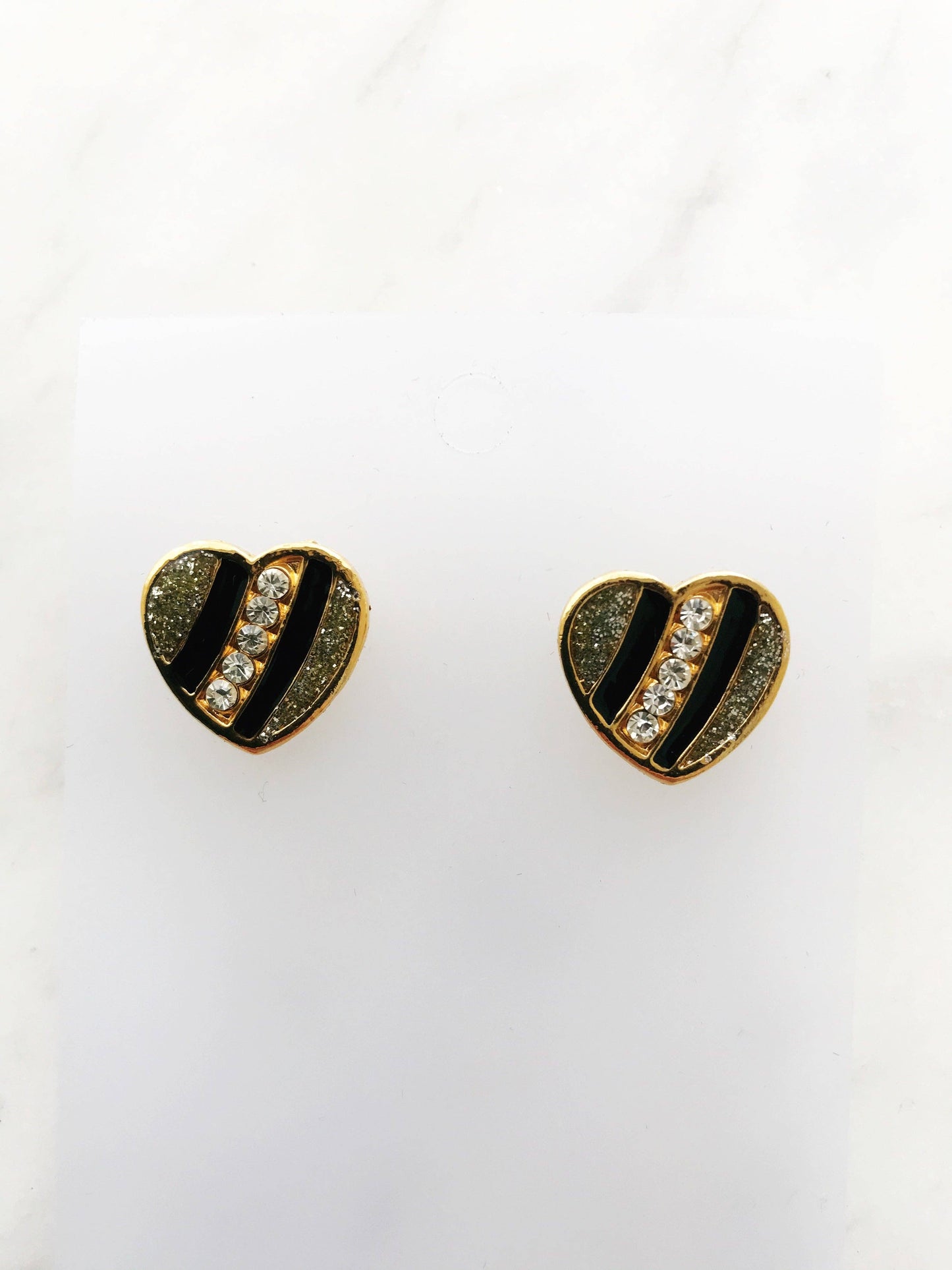 Black and Gold Enamel Crystal Heart Earrings