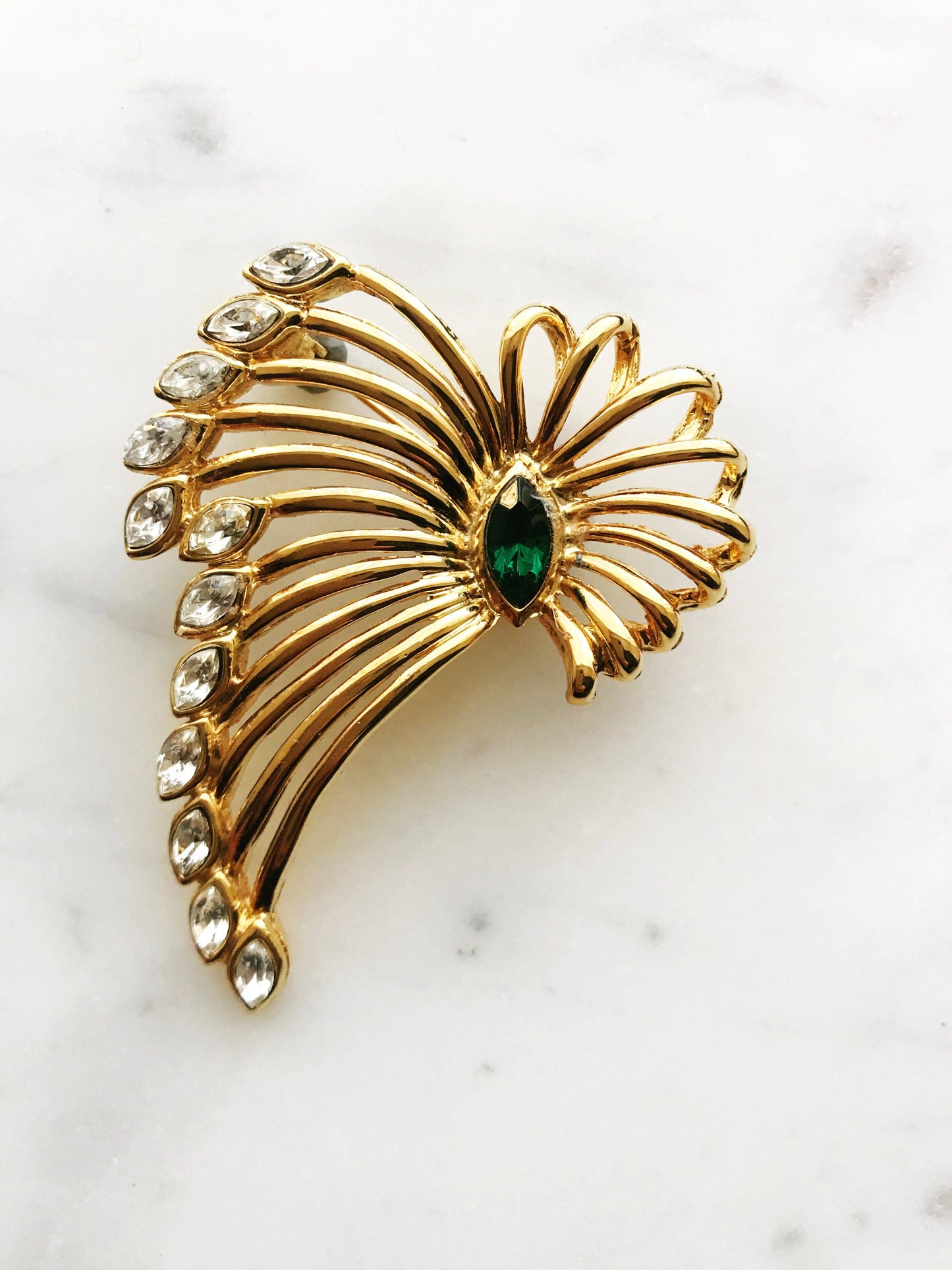 Vintage Gold-Plated Crystal Spray Brooch with Emerald Marquis Center