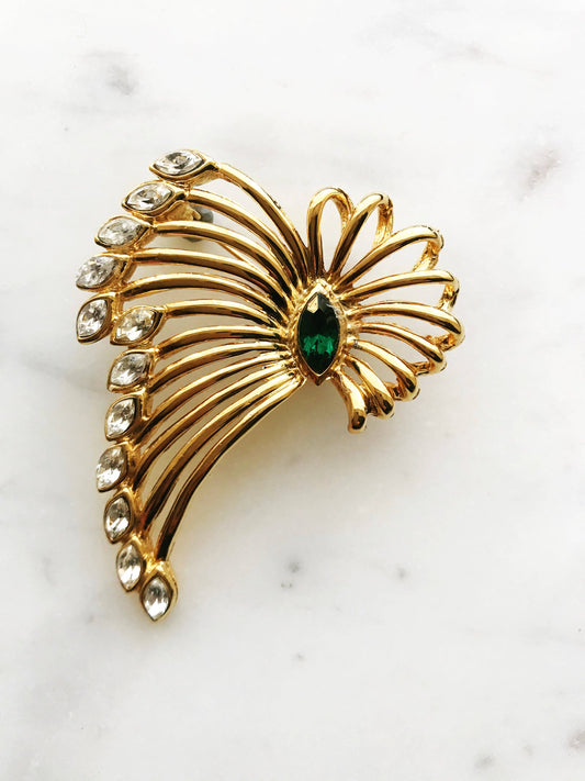 Vintage Gold-Plated Crystal Spray Brooch with Emerald Marquis Center