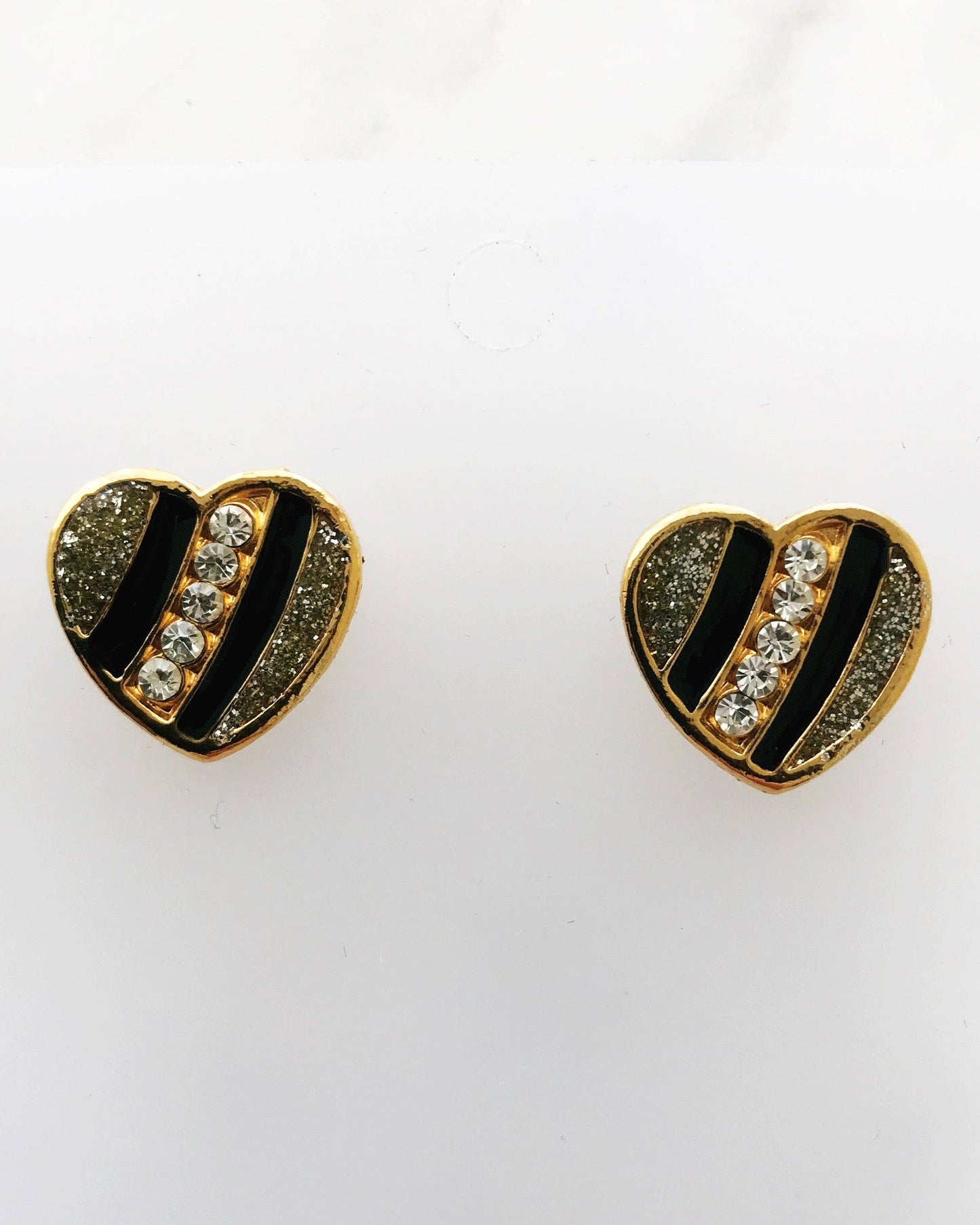 Black and Gold Enamel Crystal Heart Earrings