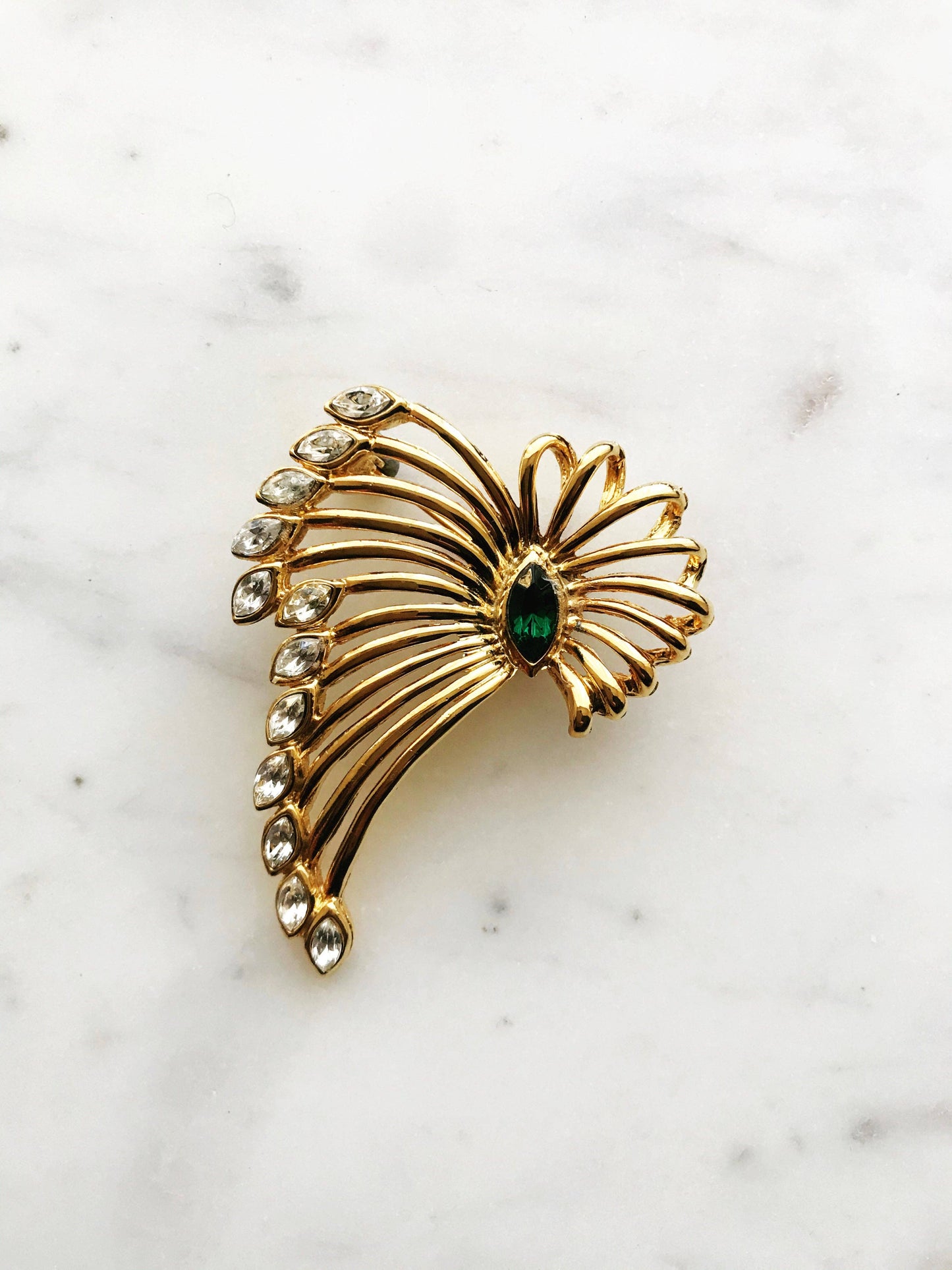 Vintage Gold-Plated Crystal Spray Brooch with Emerald Marquis Center