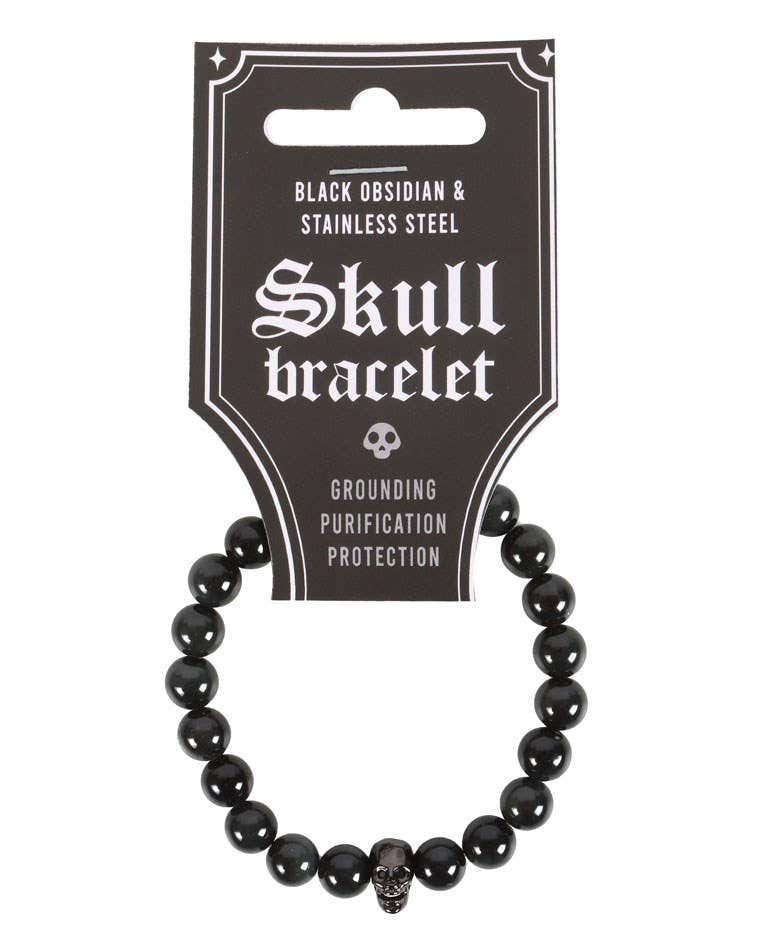 Skull Black Obsidian And Stainless Steel Bracelet