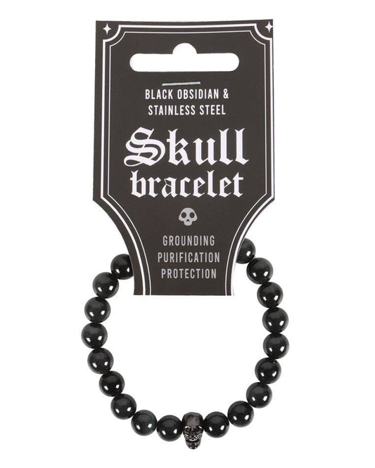 Skull Black Obsidian And Stainless Steel Bracelet
