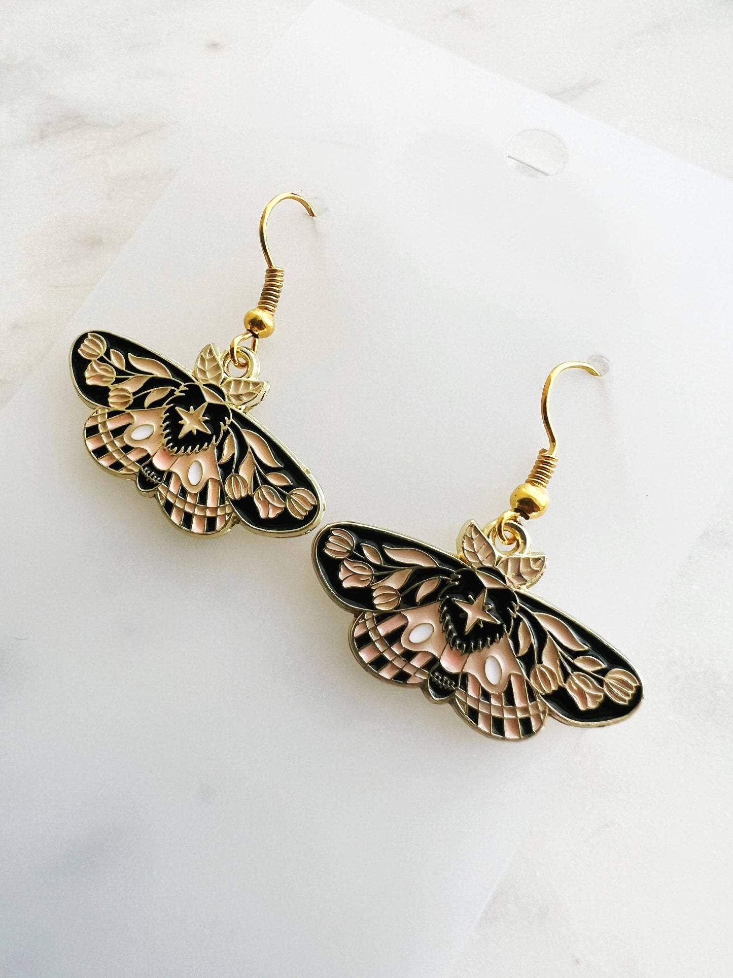 Kawaii Enamel Black & Pink Moth Dangle Earrings
