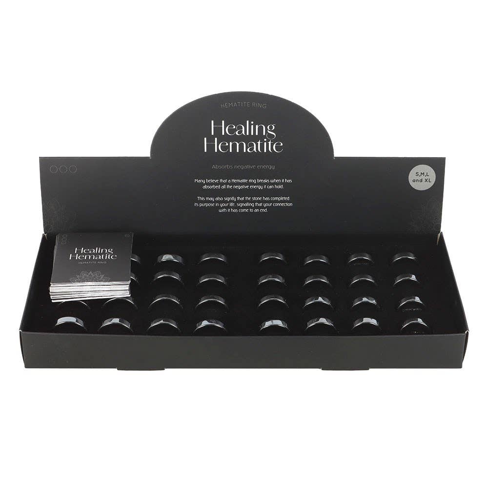 Healing Hematite Rings Set of 32 in Display
