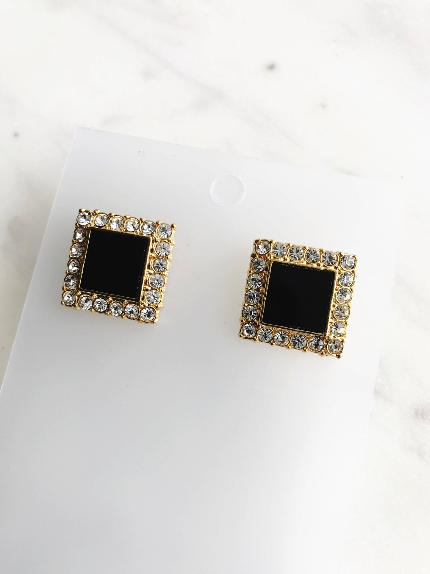 Black Enamel & Crystal Square Earrings