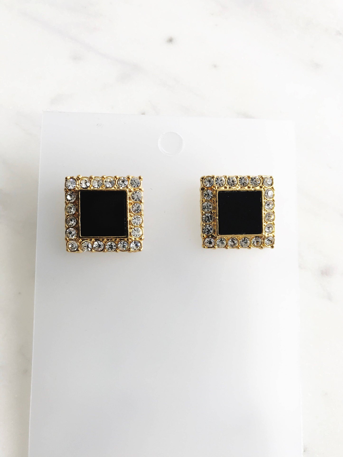 Black Enamel & Crystal Square Earrings