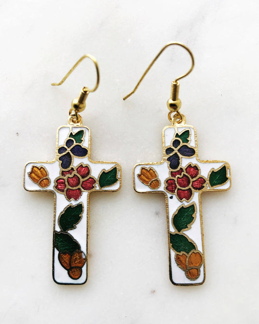 Cloisonne White Cross Earrings