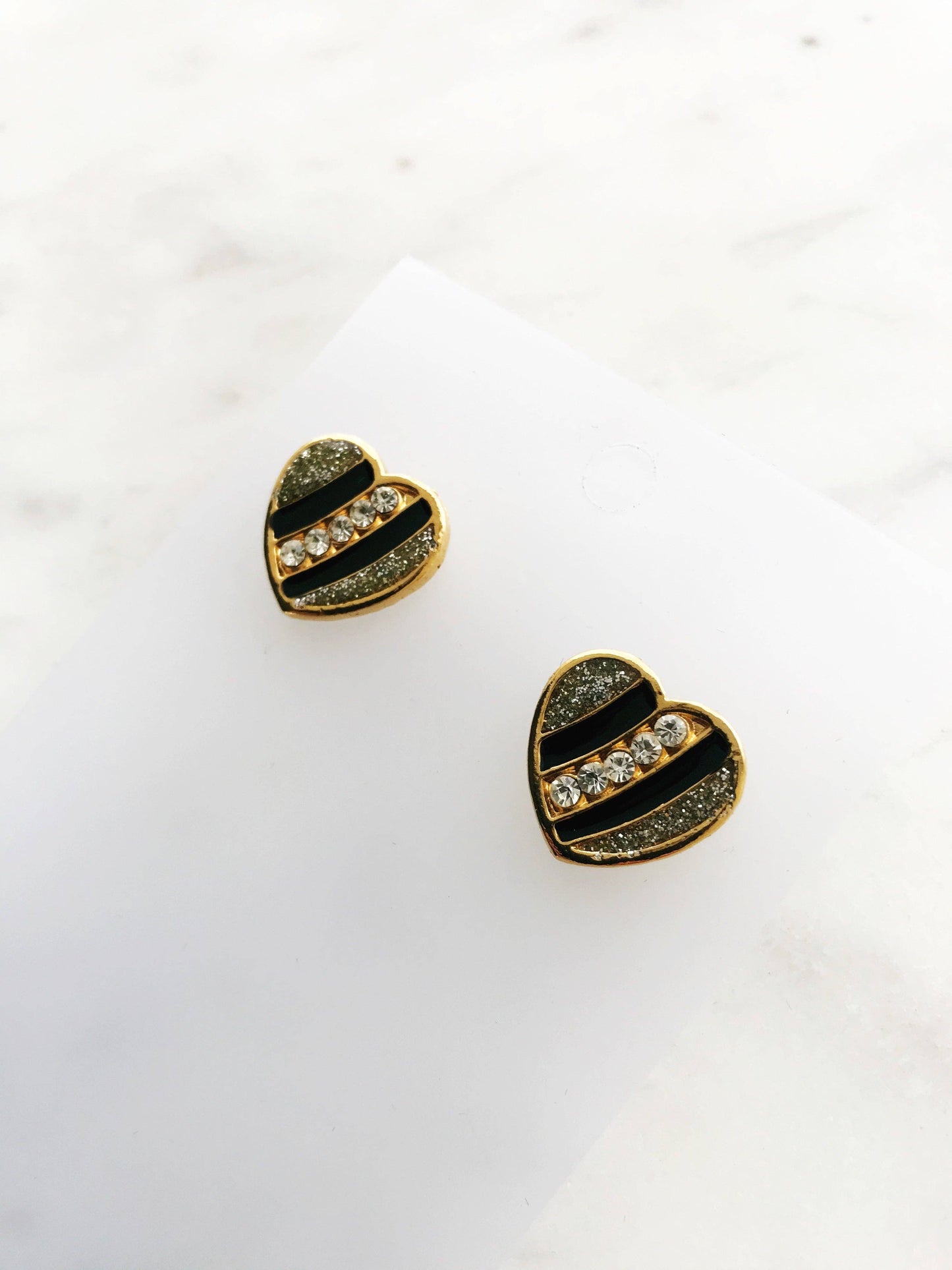 Black and Gold Enamel Crystal Heart Earrings