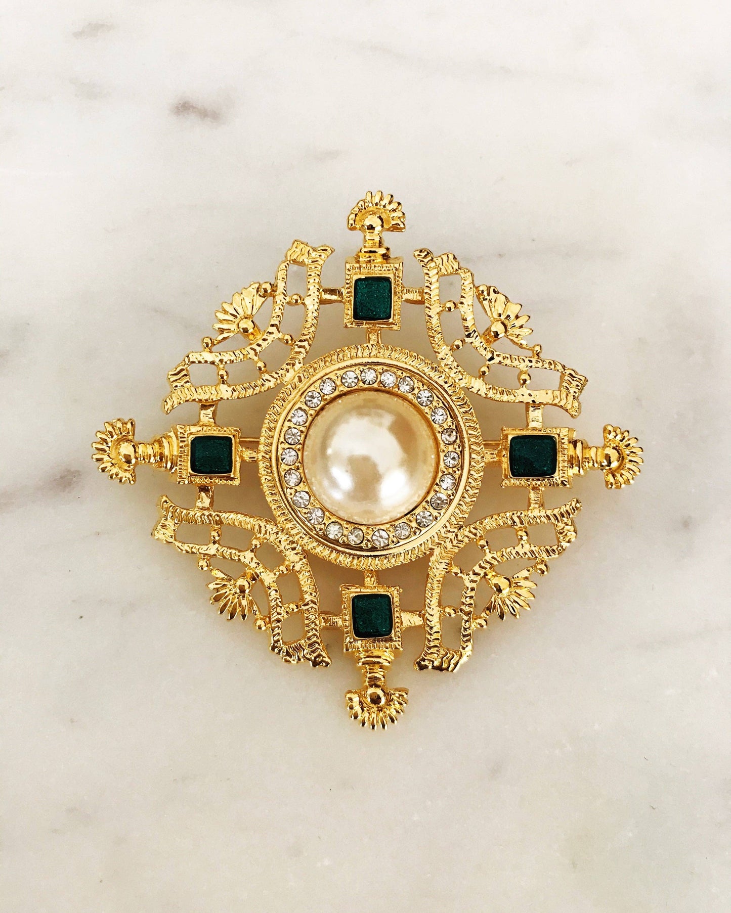 Vintage Crystal, Pearl & Enamel Brooch