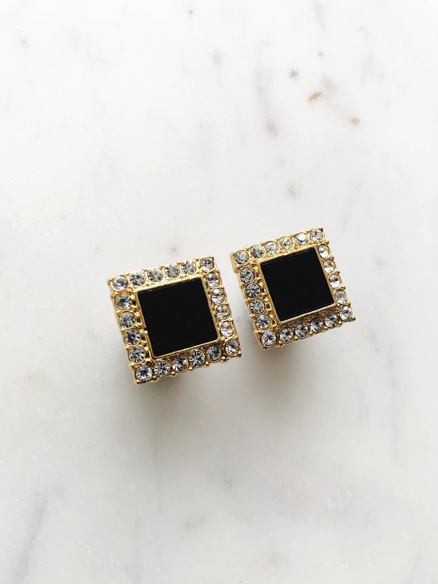 Black Enamel & Crystal Square Earrings